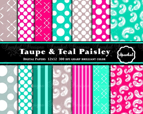 Handmade Taupe Paisley Digital Paper, Preppy Teal Blue Digital Paper, Polka Dot Digital Paper, Invitation paper Printable, Instant Download Il_570xn