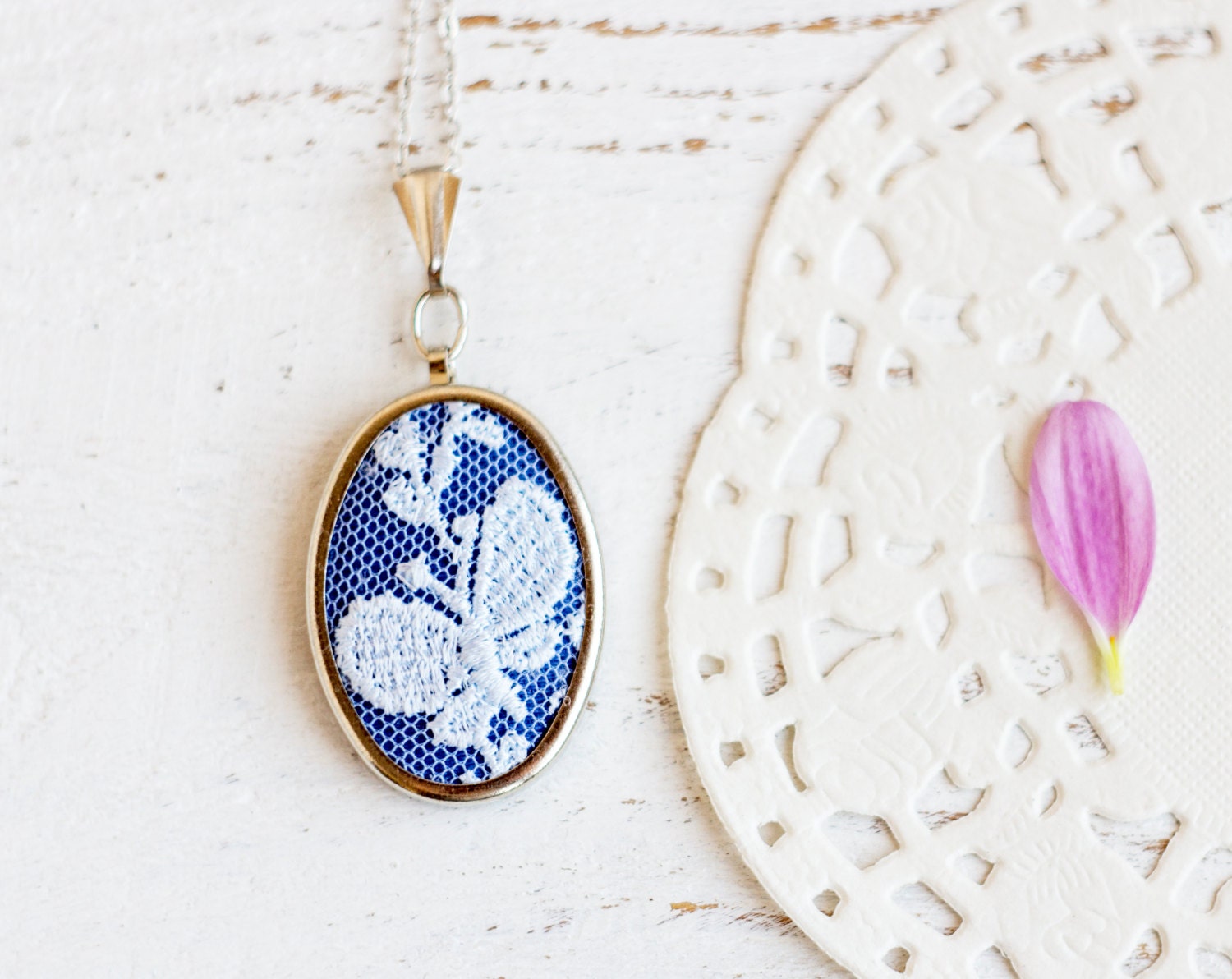 Textile necklace with blue floral / butterfly lace and blue fabric - bridesmaid jewelry, Mother's day gift - skrynka