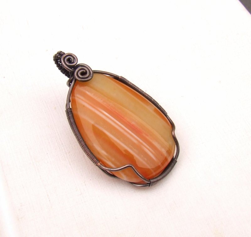 Striped carnelian necklace, nectarine tangerine copper stone pendant, handmade pendant