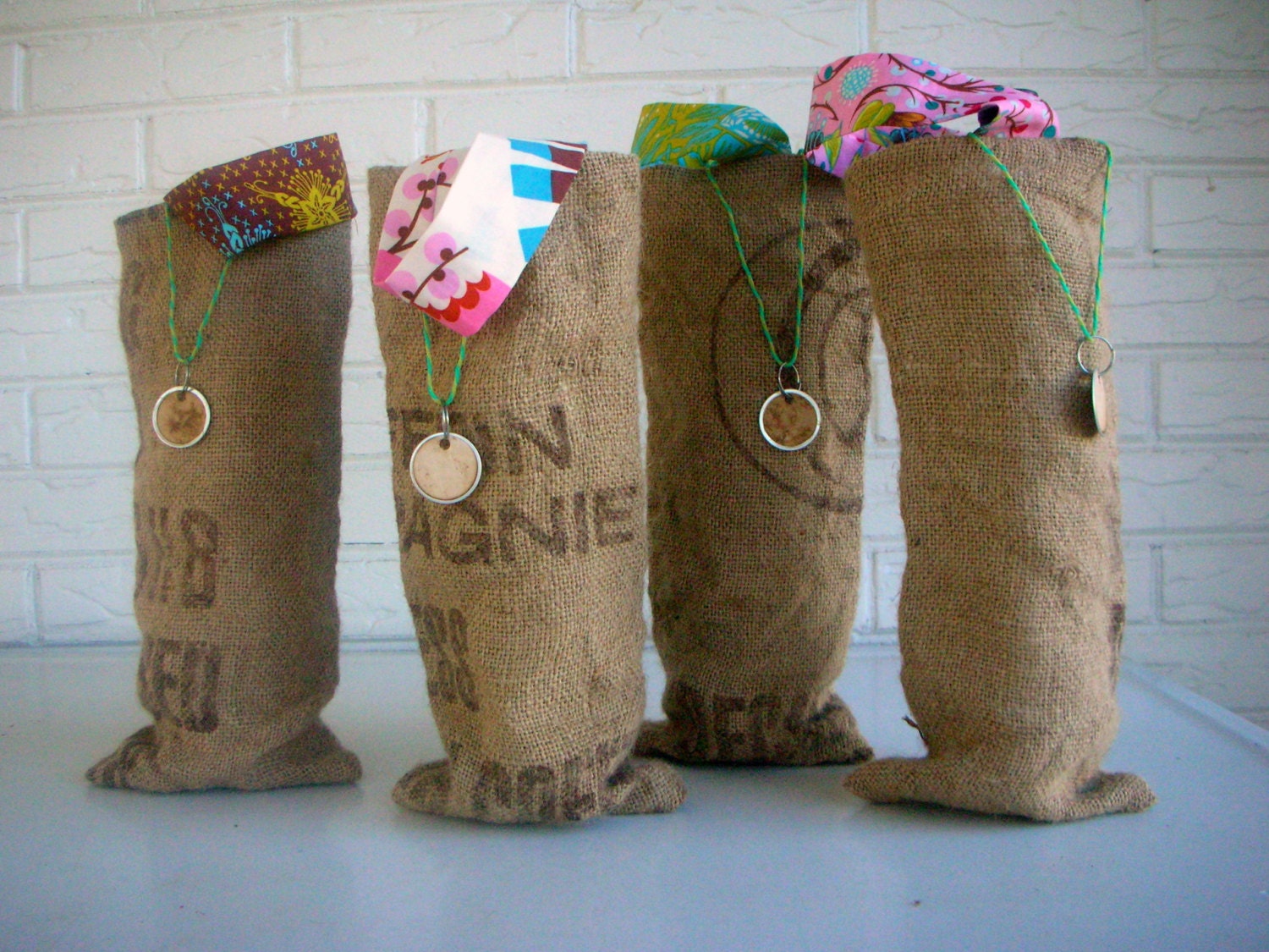 Wine Bottle Bags - Burlap Hostess Gifts - Wedding Party - Wine Accessories - Set of 4
