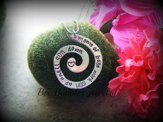 Hand Stamped Jewelry Mom Of Boys Work Son Up Until Son Down Necklace - OR pick your own saying-Spiral Necklace