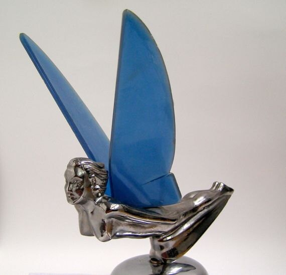 Vintage 1930s Chrome Hood Ornament Nude Figurine With Blue