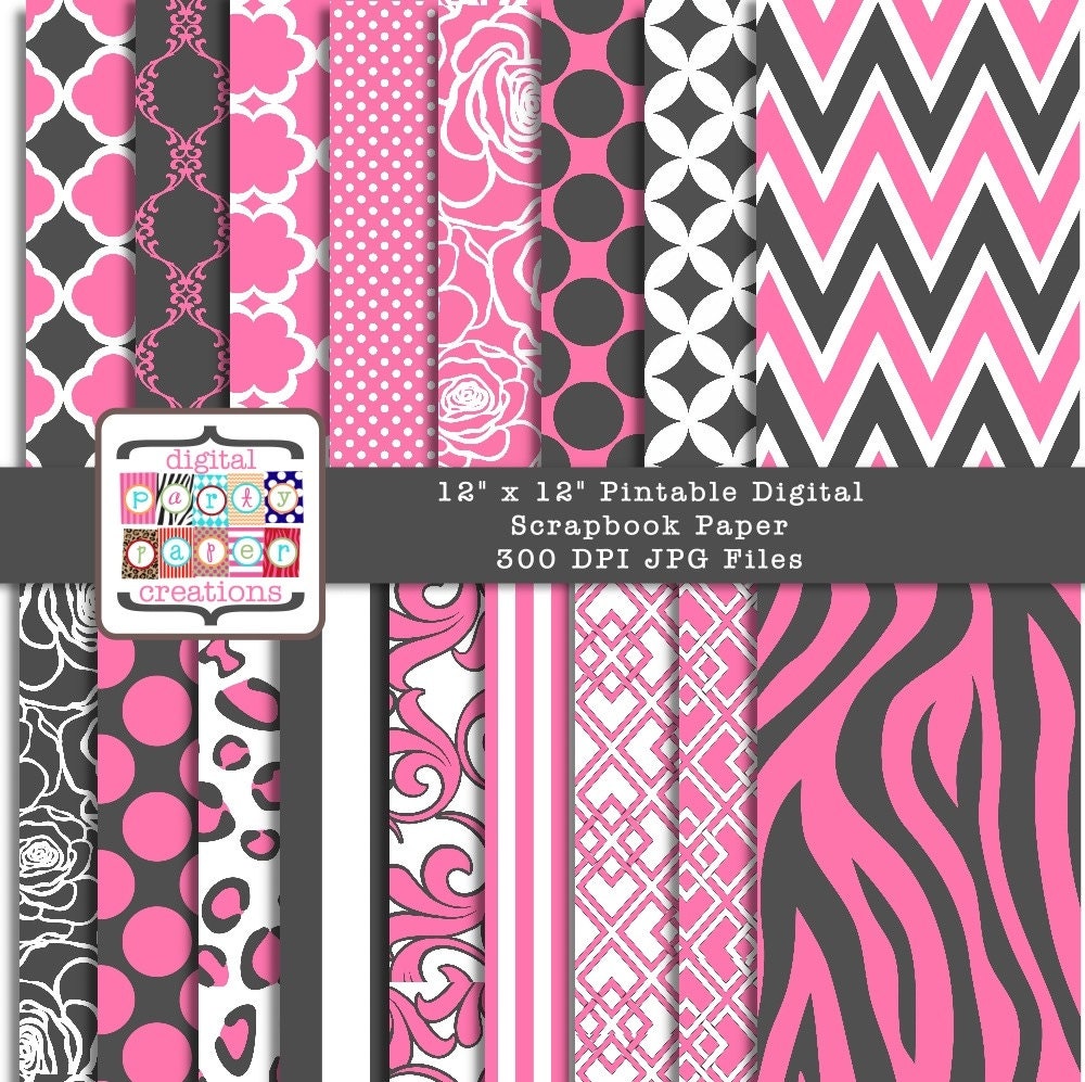 Digital Paper Pack - Zebra Print, Chevron, Quatrefoil, Dots, Floral INSTANT DOWNLOAD Il_570xn