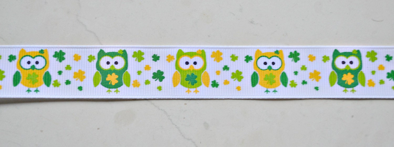 St Pats owls on white 7/8" grosgrain ribbon- St Patricks day Il_570xn