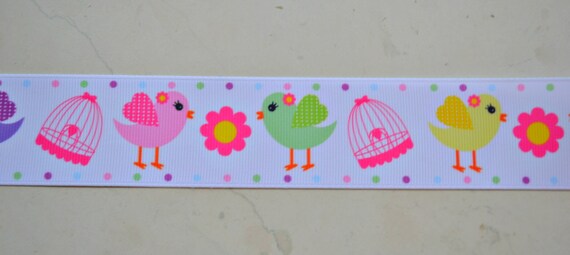 Sweet Tweets birds and bird cages on white 1 1/2" grosgrain ribbon Il_570xn