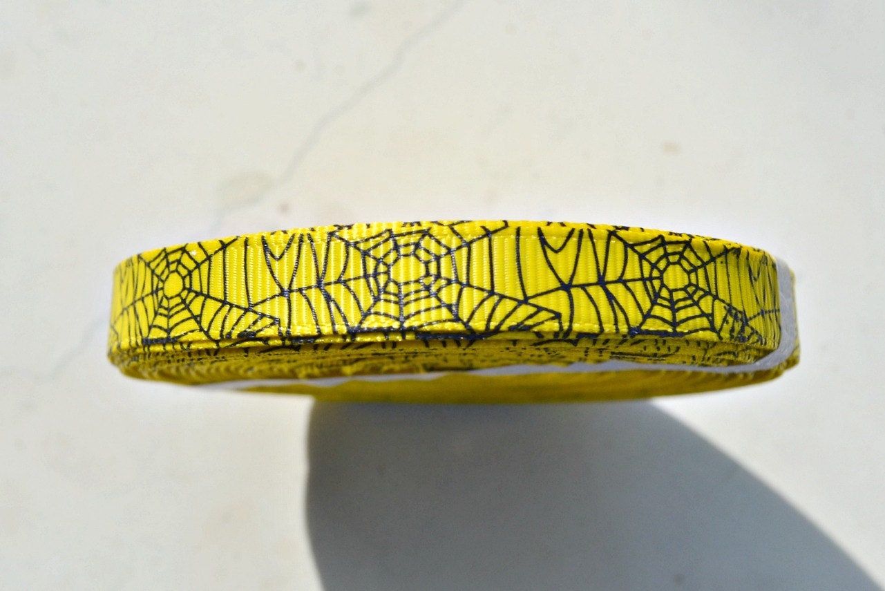 Halloween Black spider webs printed on yellow 3/8" grosgrain ribbon Il_570xn