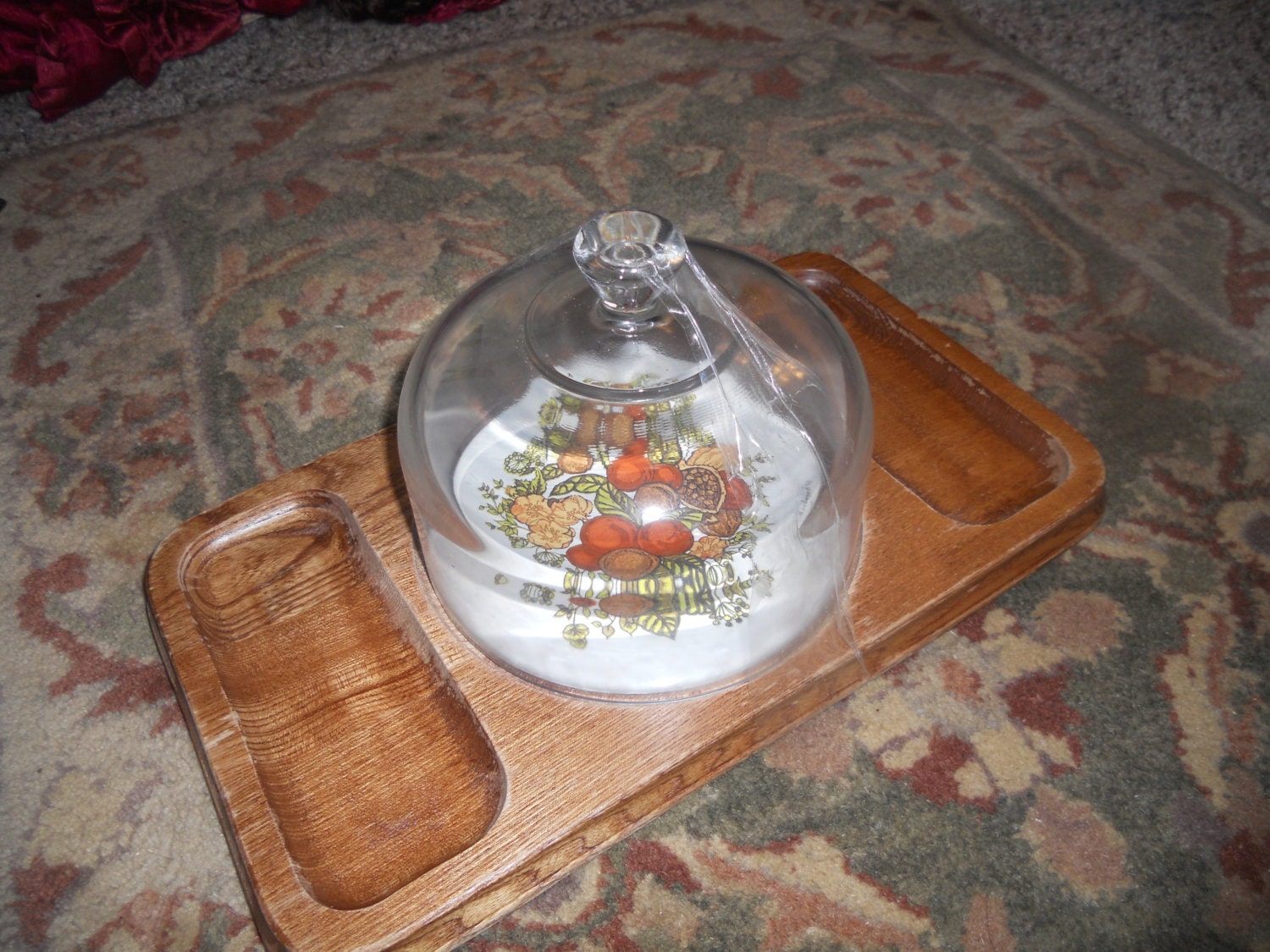 Items similar to vintage cheese tray glass domed lid ceramic and wooden