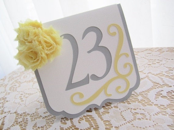 Wedding Table Numbers - "Flourish" in Light Grey and White w/ White Yellow Chiffon Accents and Swirl - Choose Your Colors