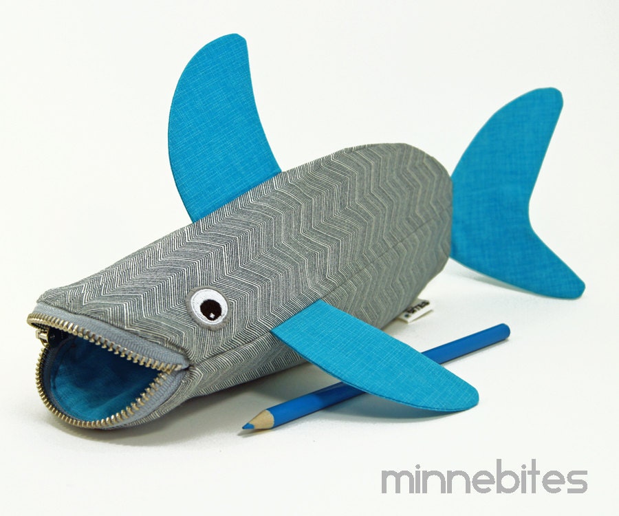 Shark Bag by MinneBites / Office Organizer - School Bag - Handmade Pencil Case - Gray Pencil Holder - Geeky Desk Accessory - Ready to Ship