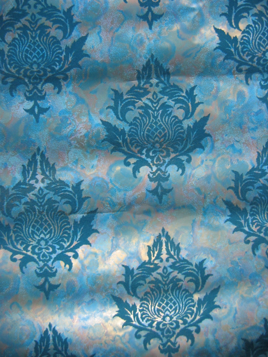 Flocked Velvet Turquoise Wallpaper piece. by TheGrooveVintage