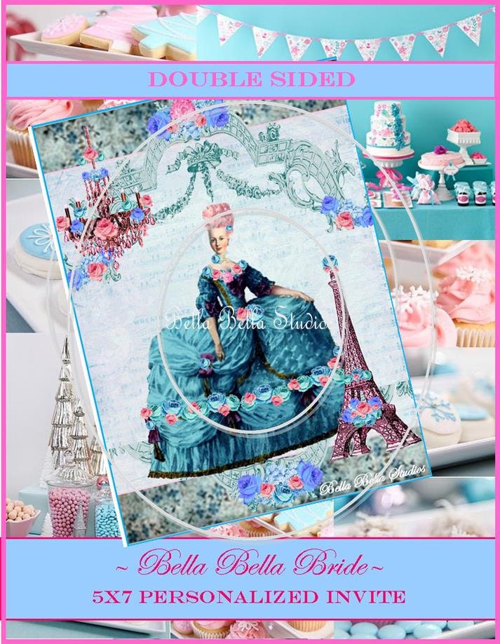 Custom PRINTABLE Bella Blue & Pink MARIE ANTOINETTE Double Sided Invite Wedding Birthday Bridal Shower Anniversary - Bella Bella Studios Il_570xn