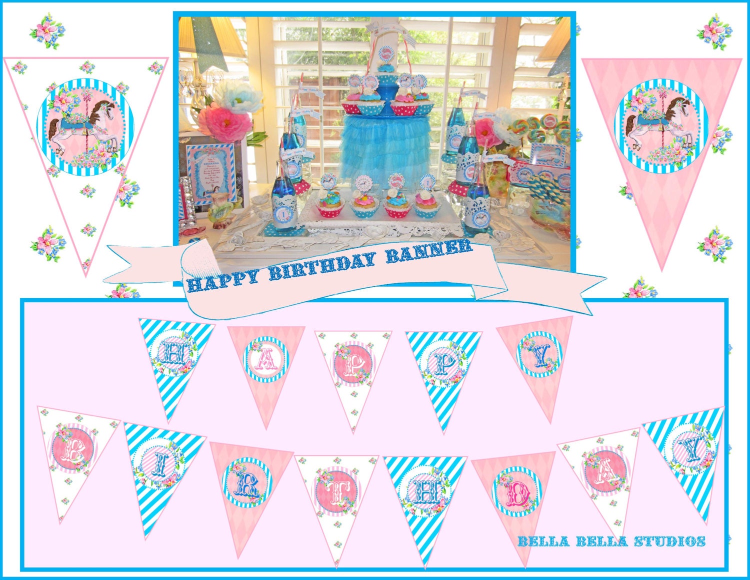 Vintage Carousel Horse Party - Printable HAPPY BIRTHDAY BANNER and Mini Bunting - Instant Download by Bella Bella Studios Il_570xn