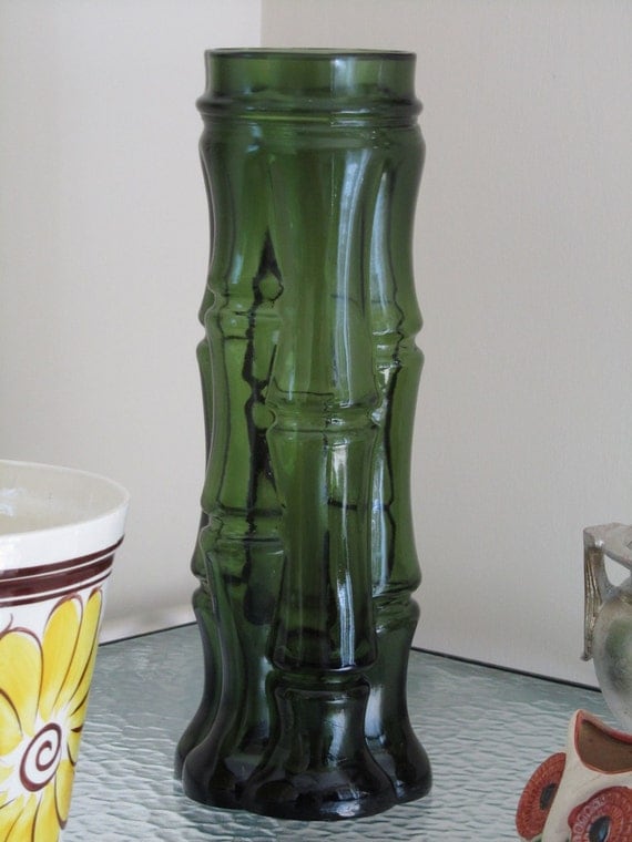 Green Glass Bamboo Design Vase Emerald Green by SaleOfEstates