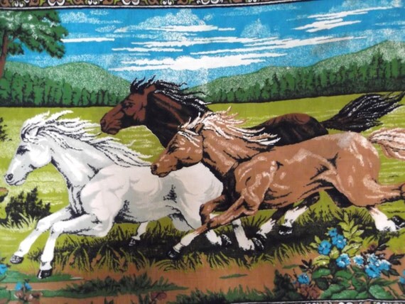 Vintage LARGE 1970s Tapestry Horse Wall Hanging by WildForVintage
