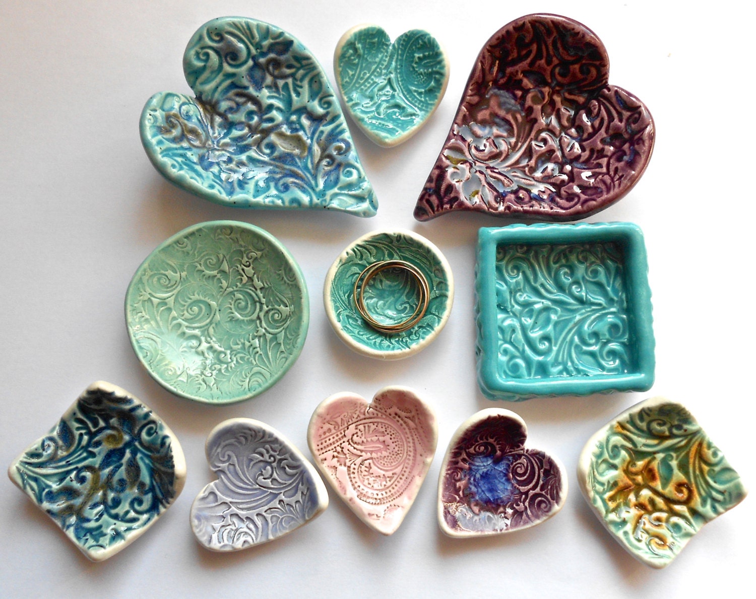 Handmade Ceramic Ring Catcher  Heart Trinket Dish Ring Bowl Soft Blues