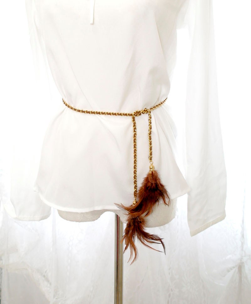 Avant Garde Handmade gold chain feather belt sash necklace 2 way brown
