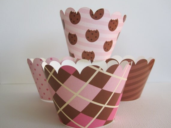 12 Milk and Cookies Standard Cupcake Wrappers (Pink & Brown) Il_570xn