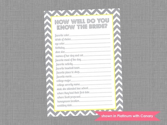 Printable Bridal Shower Game - Shower Themed Chevron Know the Bride Game - Colors and Text Customizable Il_570xn