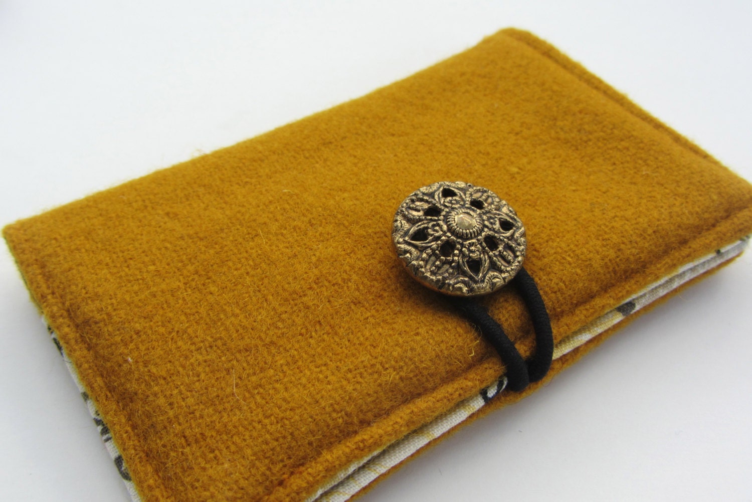Upcycled Wool Bifold w/ Vintage Button Closure and Cotton Print Lining - Gold (BF-27) - STRUCTUREbags