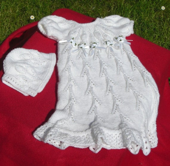 Hand Knitted  Christening Gown  - Floral Trellis Pattern. ( Future Heirloom).version 1.