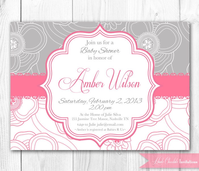 Pink & Gray Shabby Chic Baby Shower Invitation. DIY Printable Baby Shower or Bridal Shower Invitation Il_570xn