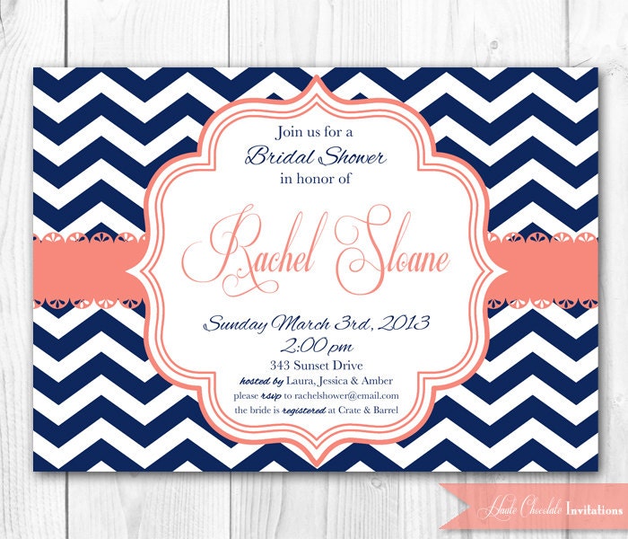 Bridal Shower Invitation - Chic Chevron in Coral & Navy. DIY Printable Bridal Shower Invite or Baby Shower Invite. Il_570xn