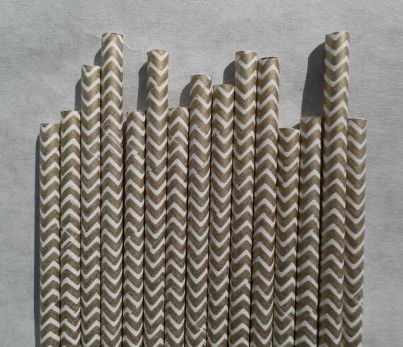 Metallic Gold Chevron Paper Straws, 50 Pack, Wedding Straws, Golden Paper Straws Il_570xn