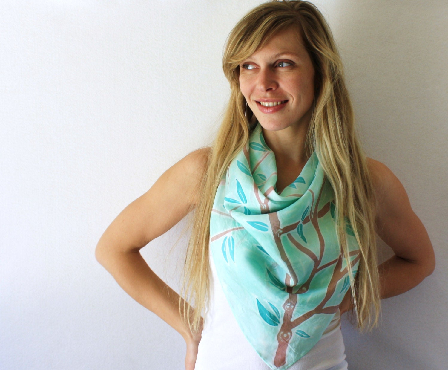 Mint Green Silk Scarf - Cherry Blossoms - Hand Painted Silk Scarf - Spring - Mothers Day