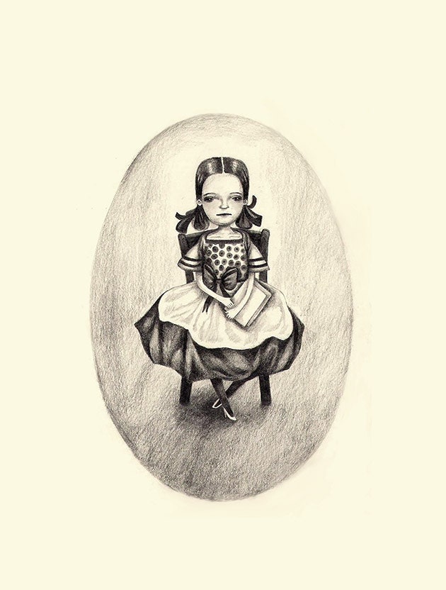 Girl Pencil Ocher Black Grey Illustration Drawing Print Vintage Classical Monochrome Turn Of the Century