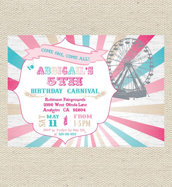 Vintage Carnival Girl Birthday Invitation Printable - pink, tan and teal Il_570xn