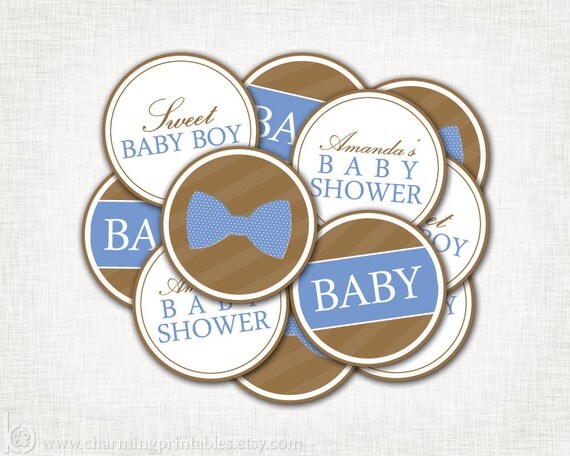 Bow Tie Baby Shower Cupcake Toppers - PRINTABLE Party Circles- DIY Digital File - Baby Boy Shower - Blue Brown - Bow Tie Collection Il_570xn