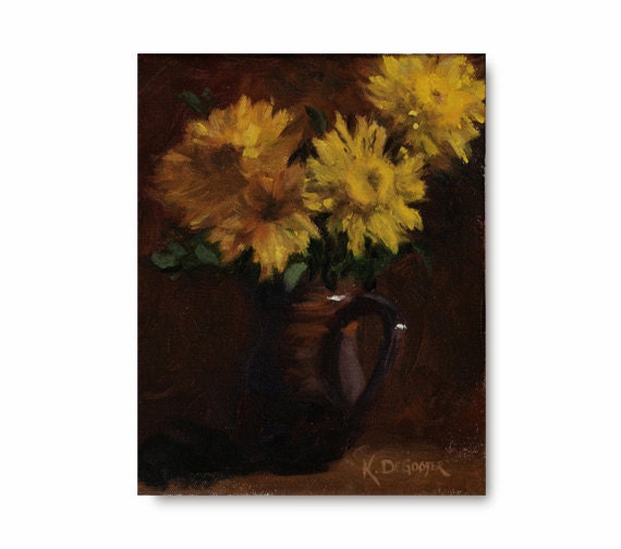 Yellow Flower Oil Painting, original art, bright color, brown, chocolate, still life, rustic pottery, lemon yellow - WhiteBarnStudios