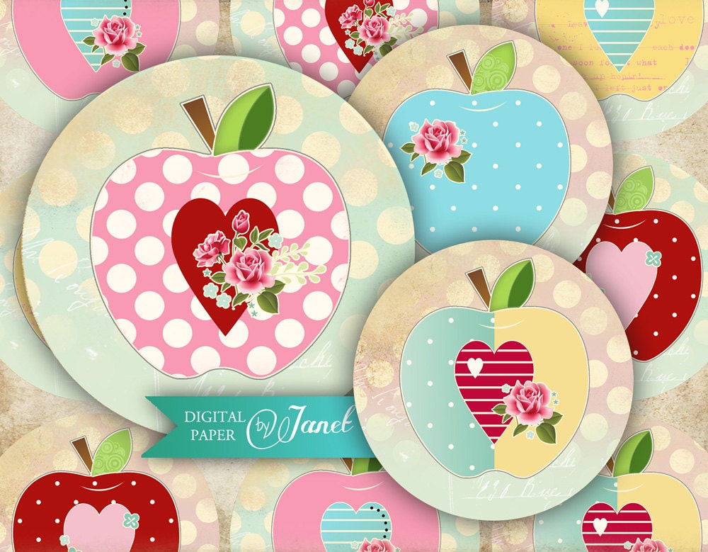 Sweet APPLE - 2.5 inch circles - set of 12 - digital collage sheet - pocket mirrors, tags, scrapbooking, cupcake toppers