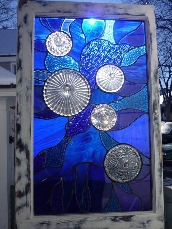 SOLD Cobalt blue stained glass window with clear by joplinsglass