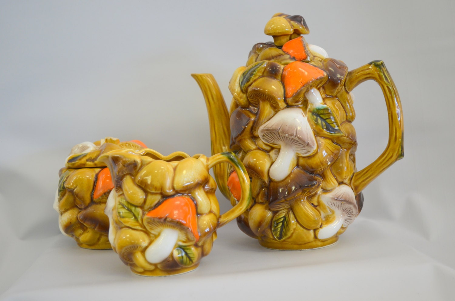 Retro 70s Mushroom Harvest Gold Coffee/Tea Pot with Sugar & Creamer