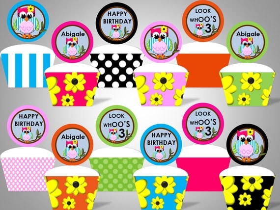 Owl Party - Cupcake Wrappers and Toppers - Personalized With Name and Age - Bright Colors - DIY Printable Party Decorations Il_570xn