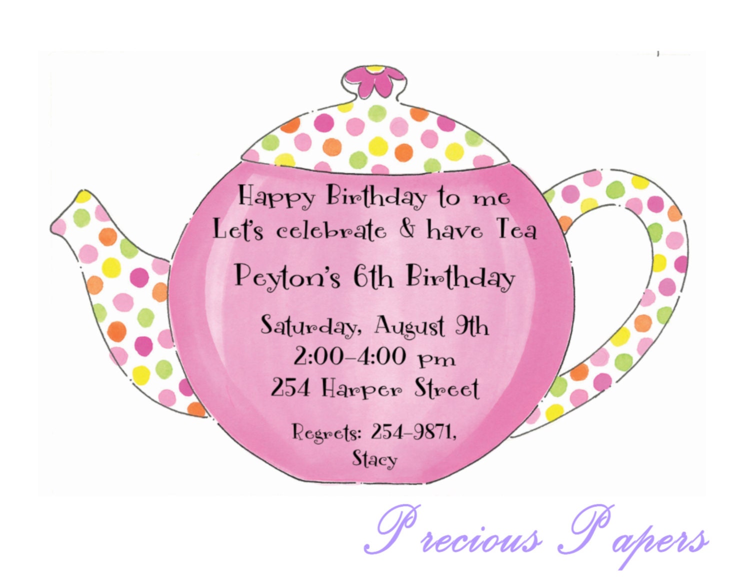 10 PRINTED tea party invitation pink tea pot by mypreciouspaper