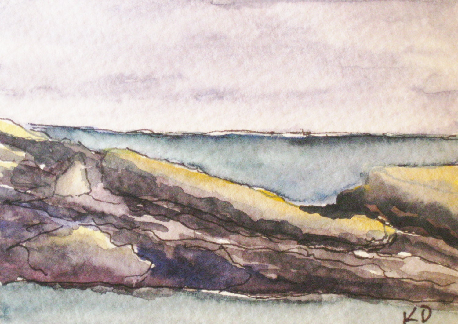 Maine Painting. Seascape, Watercolor, Pen and Ink Drawing. Original Art ACEO. "Pemaquid 7" by Kathleen Daughan. Artist Trading Card - kathleendaughan