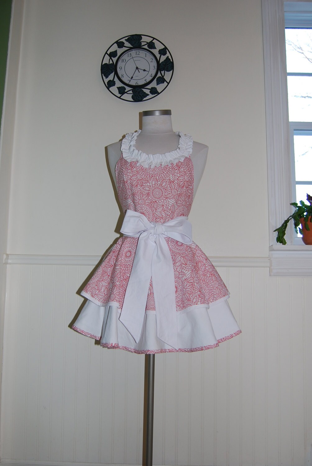 Red and White 2 Tier Circle Skirt Apron with Ruffled Neckline and Pocket