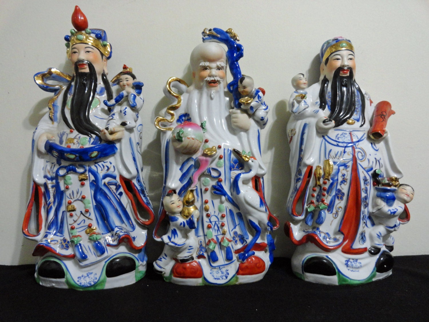 Items similar to Vintage Chinese Lot 3 Wise Men Fu Lu Shou Porcelain