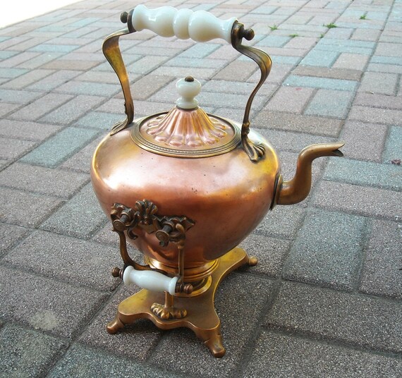 Antique Copper Tea Kettle Pot On Stand Brass by silverbranchhome