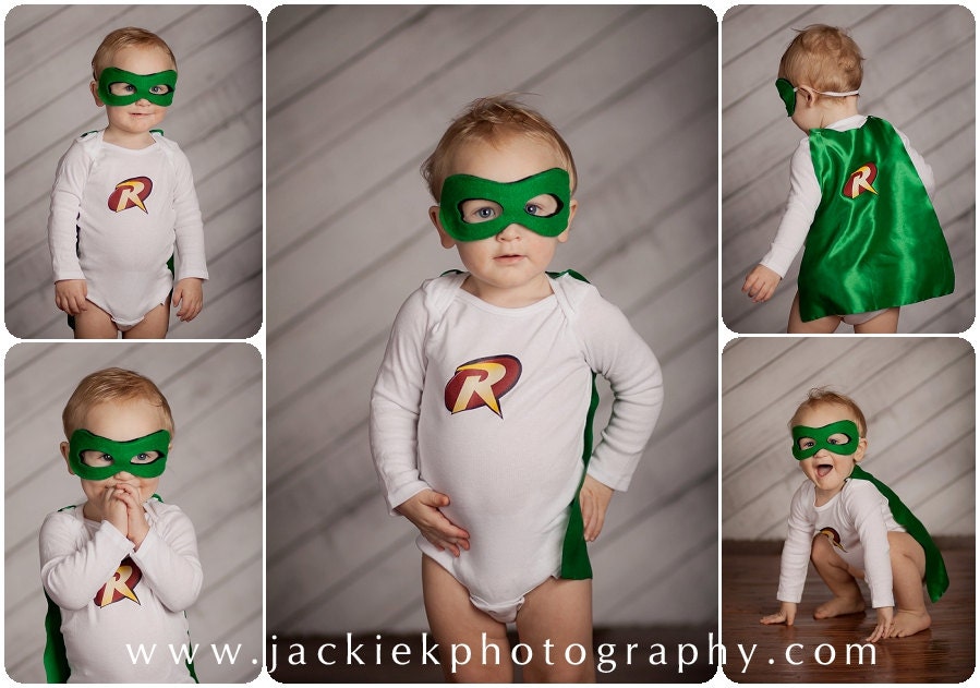 Robin Superhero Baby Outfit with Detachable Satin Cape and Mask, Apparel or Costume