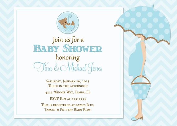 Pregnant Mom with Umbrella Blue Chevron Baby Shower Invitation - Printable Il_570xn