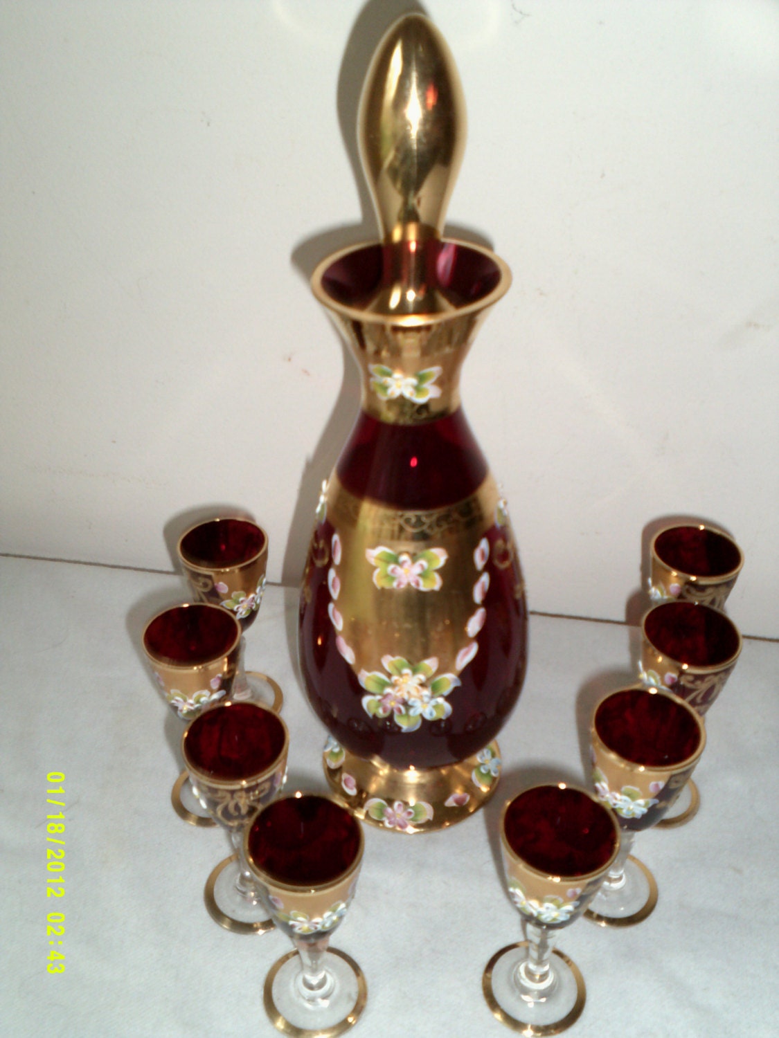 Vintage Bohemian Red Ruby Glass Gold Gilt Liquor by HannahsAtticMt