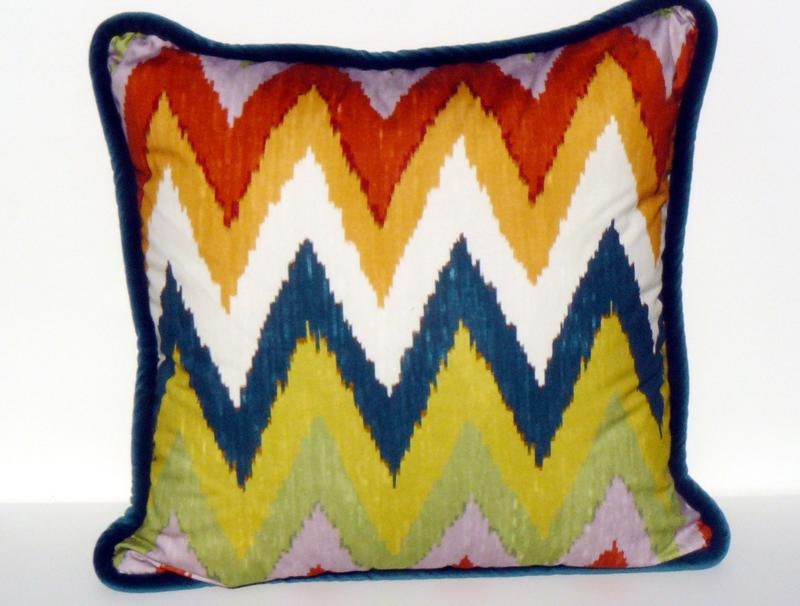 This listing is for one 20 x 20 Adras ikat pillow cover in CaravanPillow Cover- FRONT & BACK with Imperial Trellis Peacock Velvet PIPING - MaryEllieDesigns
