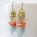 Teal & Coral Filigree Drop Earrings, 14k gold filled - bridal and bridesmaids earrings, ocean, beach wedding, Spring / Summer