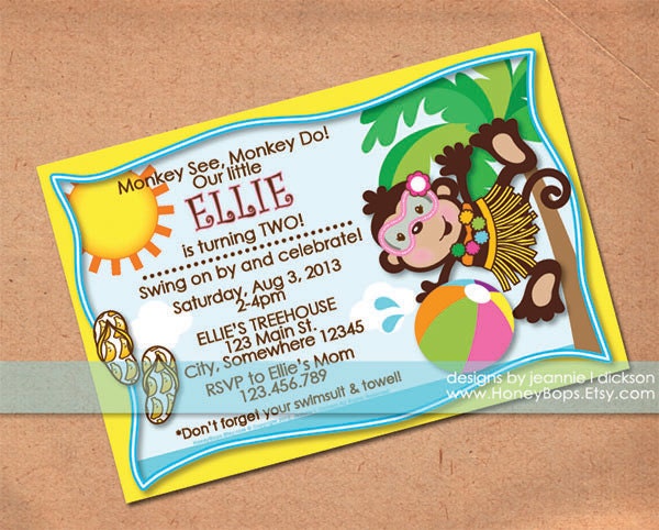 Summer Beach Monkey Girl Printable Invitation - Digital File Il_570xn