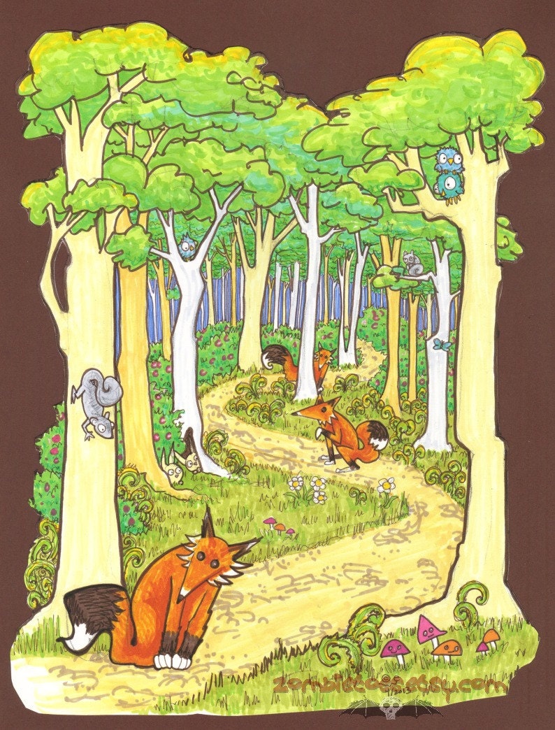 Items similar to Fox Walk forest trees woods Curious Path pen and ink