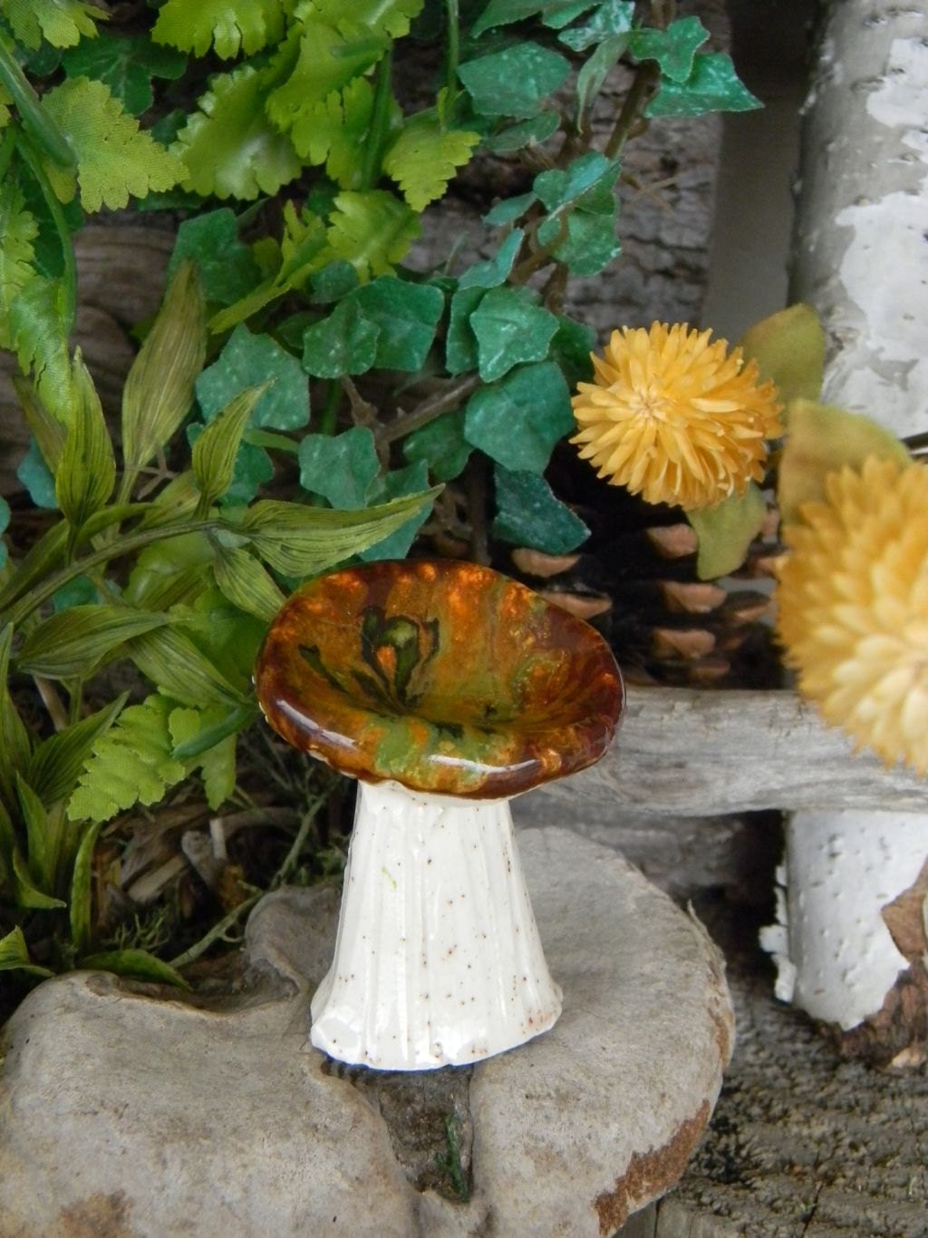 Garden Mushroom Ceramic Fall  Brown Orange greenish  Pottery  MUSHROOM Statue ..Fairy seat style ....   Poison only if ...eaten - EnchantdMushroomLand