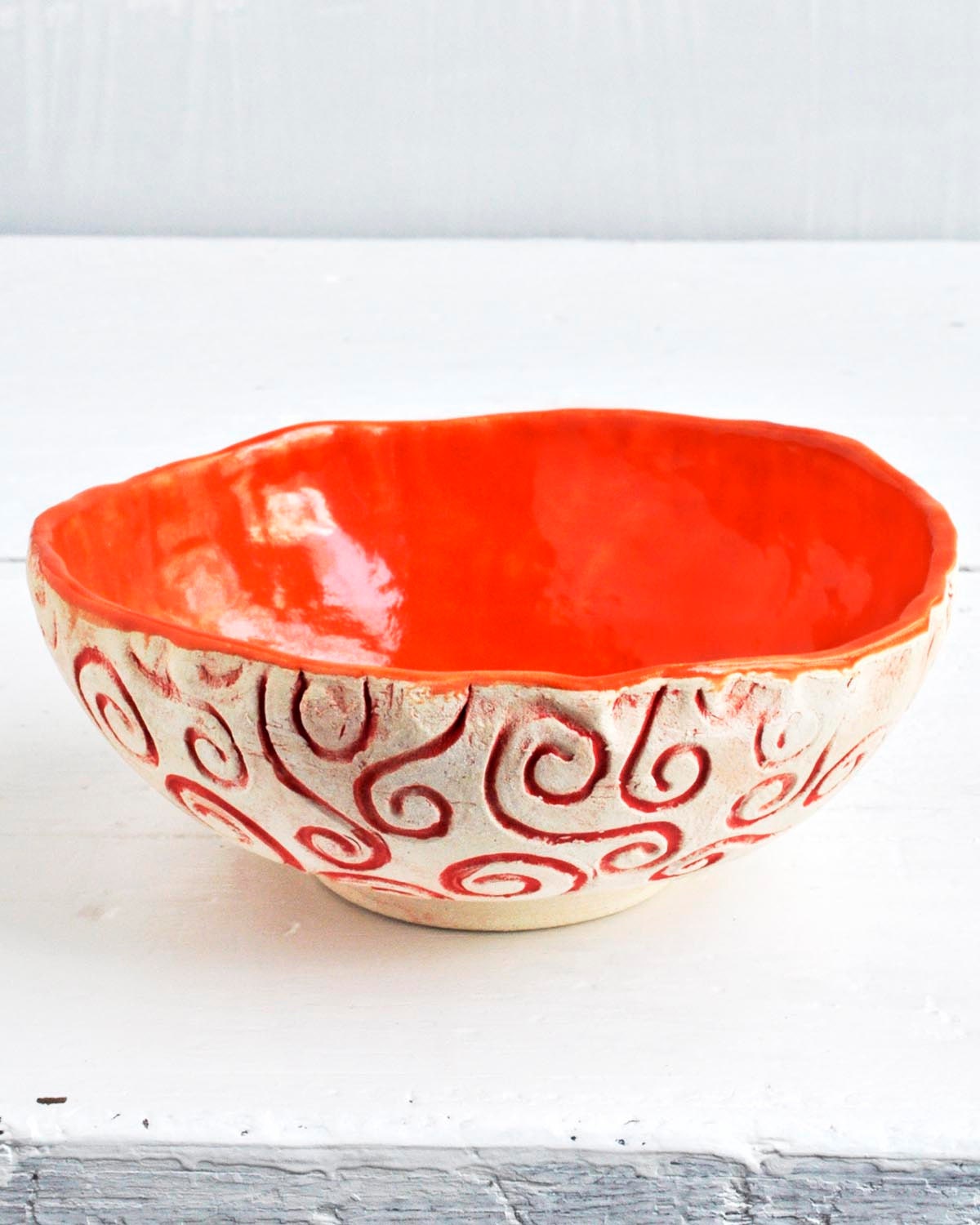 ceramic serving Bowl or planter in Neon Orange andRed